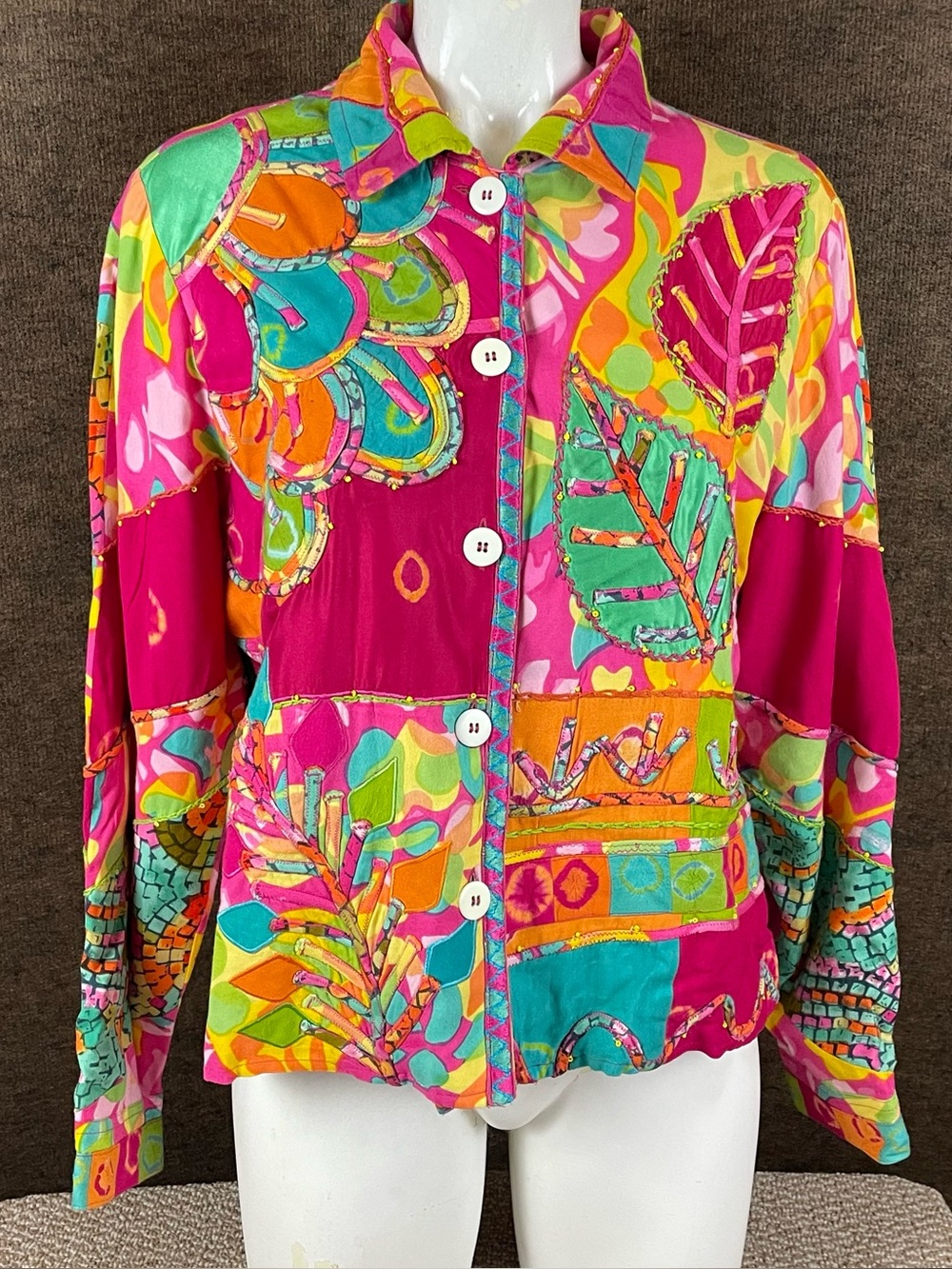 Sandy Starkman Jacket Womens Large Floral Patchwork Button Up Silk Rayon 96